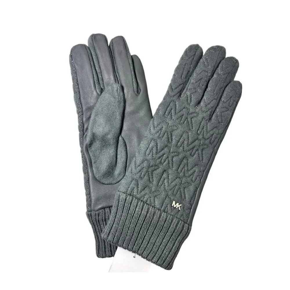 Michael Kors Logo Womens Gray Quilted Knit Leather Trim Gloves Sz M New